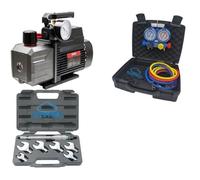 GASFRIGO® - Pompa vuoto bistadio 85 lt/min Olio incluso + kit gruppo manometrico R410 R32 ecc. + set chiave dinamometrica