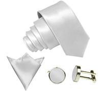 GASSANI Set Cravatta Uomo 3 Pezzi Bianco, Cravatta Lucida Matrimonio, Larghezza 8 cm, Gemelli, Pochette Taschino