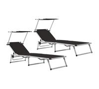 Gatherant Set di 2 lettini prendisole pieghevoli con tetto regolabile e schienale, in alluminio, textilene nero, per giardino, terrazza, balcone, piscina, spiaggia, campeggio e benessere