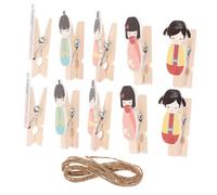 GATHINESS 10pezzi Mollette di Legno Artigianali con Bambola Giapponese e Corda in Juta, Clip Creative per Foto e Artwork, Resistenti e Facili da Usare