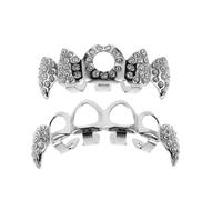 GATHINESS Denti da Griglia in Metallo Cavo Strass, Set Hip Hop in Argento, Compatibili Diverse Forme, per Halloween e Cosplay