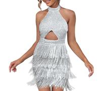 Gatsby anni '20, vestito da donna anni '20, abito da donna nero e argento, con frange, abito da ballo, abito corto Charleston