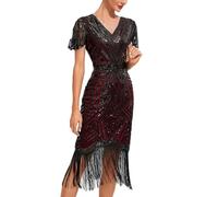 Gatsby anni '20, vestito da donna anni '20, vestito da donna, verde, oro, con frange, da ballo, abito corto Charleston, con paillettes, a maniche corte, con frange, Carnevale, Colore: rosso, XL