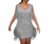 Gatsby - Vestito da donna anni '20, con frange, stile anni '20, con paillettes, scollo a V, con frange, grigio., 5XL