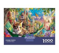 Gatta in una Notte Stellata 1000 Pezzi Puzzle Educativo Difficile in Cartone Riciclato E Durevole Cat on Hammock Village View perfetto Da Regalare E Per Ore Di Relax Creativo 52x38cm/1000pcs