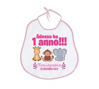 Gattablu Bavaglino bavetta Adesso ho 1 anno! Personalizzato con nome bimba e data! Primo Compleanno animali giungla safari!