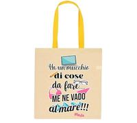 Gattablu Shopper borsa divertente Un mucchio di cose da fare, me ne vado al mare! Personalizzabile con nome! Manico giallo!