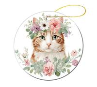 Gatti ad acquerello con corone floreali per albero di Natale, ornamenti da appendere, 2 pezzi, 7,2 cm, rotondi su entrambi i lati