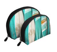 Gatti con occhi gialli portatile Shell Cosmetic Bag Set - Travel Makeup Organizer con cerniera e scomparti interni, Tavola da surf in stile vintage su legno turchese, Taglia unica