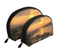 Gatti con occhi gialli portatile Shell Cosmetic Bag Set - Travel Makeup Organizer con cerniera e scomparti interni, Vista tramonto, Taglia unica