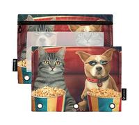 Gatti e cani che guardano un film con popcorn 3 raccoglitori ad anelli astuccio 2 pz cartelle di file per esami in ufficio borsa di cancelleria con cerniera