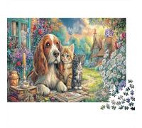 Gatti e Cani Puzzle in cartone Beagle e gatti nel giardino accogliente Puzzle premium per anziani allenamento cerebrale 52x38cm/1000 pezzi