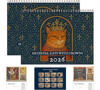 Gatti medievali con corone calendario 2026, calendario medievale per gatti 2026, giocoso calendario medievale da parete, 12 mesi pieno di misteri e fascino (blu-2PCS)