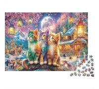 Gatti Natalizi Carta spessa e resistente Tre gattini nel villaggio natalizio innevato Puzzle per principianti attività rilassante 70x50cm/1000 pezzi