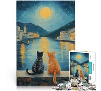 Gatti sul fiume al chiaro di luna Puzzle 1000 pezzi per adolescenti Per il divertimento in famiglia offerte come regali per tutta la famiglia 38x26cm