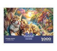 Gattini addormentati, ottima idea regalo, puzzle per adulti da 1000 pezzi - Due gatti, tramonto vibrante sul prato, gioco impossibile e impegnativo per decorazione murale, 52x38 cm/1000 pezzi