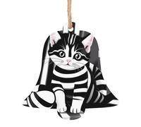 Gattino a righe bianche e nere in legno a forma di campanella, 6 pezzi, decorazione per albero, parete e porta, stile vintage