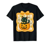 Gattino Nero in Zucca con Simpatici Fantasmi e Stelle Maglietta