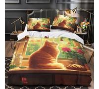Gatto accogliente vicino alla finestra 3D Stampa Coperta Letto 3pz Microfibra Resistente Decorazione della casa illuminata dal sole Coperteletto 2 federe Resistente Famiglia Ospiti King（220x240cm）
