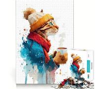 Gatto ad acquerello con caffè in inverno Puzzle per ragazzi da 1000 pezzi Gioco stimolante per lo sviluppo cognitivo Dimensioni uniformi Pezzi precisi Divertimento in famiglia Attività serale