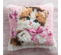 Gatto Animale Kit Gancio di Chiusura per Cuscino Fai-da-Te,Gattino che indossa un fiocco,Artigianato Facile da Imparare per Kit Tappeto con Gancio di Chiusura per Cuscino,43x43cm