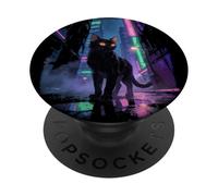 Gatto anime giapponese nella città futuristica piovosa di notte PopSockets PopGrip Adesivo