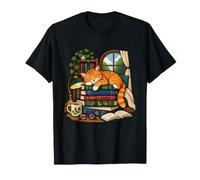 Gatto Arancione Che Dorme su Una pila di Libri della Biblioteca Maglietta