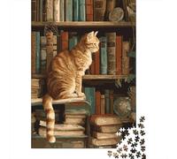 Gatto Arancione Gioco di Puzzle 1000 Pezzi Puzzle per Adulti Carta Set Puzzle 1000 Pezzi Libreria Vintage Relax Famiglia Decorazione Regalo Casa 52x38cm/1000pcs