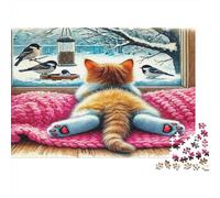 Gatto arancione guarda uccelli vista finestra Puzzle 1000 Pezzi Gioco di Puzzle 1000 Pezzi Carta per Adulti Scenario invernale relax decorazione regalo 70x50cm/1000pcs