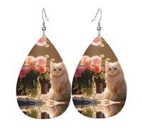 Gatto bianco con occhi azzurri orecchini in pelle stampata su entrambi i lati int e forma di gocce d'acqua, creativo, leggero e romanzo, colori vivaci e vivaci.