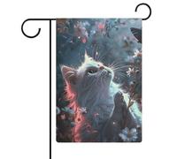 Gatto bianco in fiori bandiere da giardino 30,5 x 45,7 cm bandiera esterna a doppia faccia bandiera estiva da giardino di benvenuto bandiere da giardino stagionali decorazioni per le vacanze