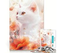 Gatto bianco in un puzzle ad acquerello floreale per ragazzi,1000 pezzi,gioco di sviluppo cognitivo,dimensioni uniformi,pezzi precisi,divertimento in famiglia,attività serale (50x75cm)