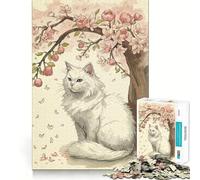 Gatto bianco sotto l'albero di ciliegio in fiore Puzzle da 1000 pezzi Gioco di sfida mentale Taglio di precisione Divertente sfida per il tempo di attesa (38x26cm)