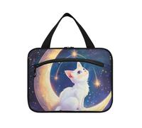 Gatto bianco sulla luna appeso borse trucco per le donne con gancio, designer borsa compatta per trucco per papà viaggio bolsos para Hombre L