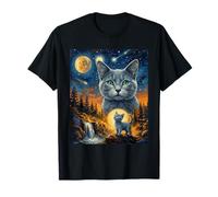 Gatto Blu Russo Che Ulula alla Luna Maglietta