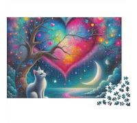 Gatto Carino Natale 1000 Pezzi Puzzle per Adulti Gatto che Osserva il Cielo Cosmico a Forma di Cuore Premium Spesso Robusto Vivace Sfidante Regalo 70x50cm/1000pz