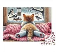Gatto Carino Puzzle 1000 Pezzi Coperta Soffice Uccelli Invernali alla Finestra Puzzle per Adulti Carta Relax Casa Regalo Famiglia Concentrazione 70x50cm/1000pcs