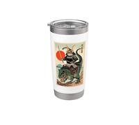 Gatto che cavalca dinosauro T-Rex giapponese Ukiyo-e Art Samurai Cat Bicchiere termico in acciaio inox doppia parete