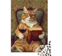 Gatto che legge Puzzle per Adulti Puzzle 1000 Pezzi Carta Gioco di Puzzle 1000 Pezzi Relax Decorazione Casa Regalo Famiglia Calice Vino 52x38cm/1000pcs