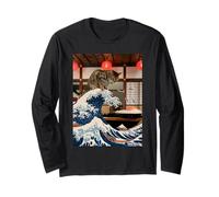 Gatto Che naviga sulla Grande Onda di Kanagawa Sushi Bar Maglia a Manica