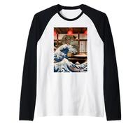 Gatto Che naviga sulla Grande Onda di Kanagawa Sushi Bar Maglia con Maniche Raglan