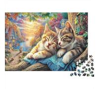 Gatto che Riposa su una Coperta Rosa a Guardare gli Uccellini Carta riciclata Due gattini che dormono nel villaggio Puzzle adatto alla famiglia giocattolo educativo 70x50cm/1000 pezzi