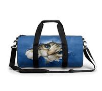 Gatto che sbircia un buco blu carta acquerello borsa da viaggio palestra per donne uomini borsa da viaggio cilindrica borsone sport allenamento borsa con tracolla