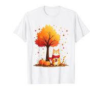 Gatto Che Tiene Il caffè Freddo sotto Autunno Albero Autunno Ringraziamento Maglietta con Stampa Grafica Economica, Uomo, Bianco, L