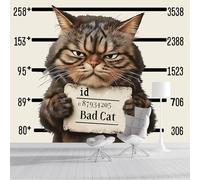 Gatto Che Tiene Un Cartello Carta Da Parati Panoramica 400x280cm, Divertente Animale Dei Cartoni Animati Parati Seta, Grigio-Marrone Grandi Murali per Camera Dei Bambini