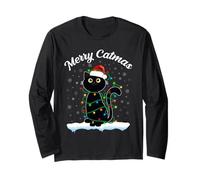 Gatto con Cappello di Babbo Natale Merry Catmas Black Cat luci di Natale Maglia a Manica