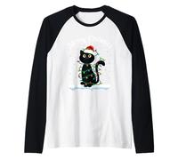 Gatto con Cappello di Babbo Natale Merry Catmas Black Cat luci di Natale Maglia con Maniche Raglan