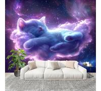 Gatto Con Cielo Stellato Fantasy Carta da Parati Fotografica Panorama Effetto 350x256 cm Viola Decorazione per la Casa per Pareti per Camera Da Letto Sala Fotomurali In Tessuto Non Tessuto