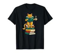 Gatto con Libro e tè Tazza Fumante Senape e Ottanio Maglietta