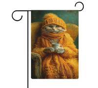 Gatto con tazza da caffè gialla da poltrona bandiera da giardino stagionale vacanza juta doppia faccia casa cortile bandiere esterne 30,5 x 45,7 cm